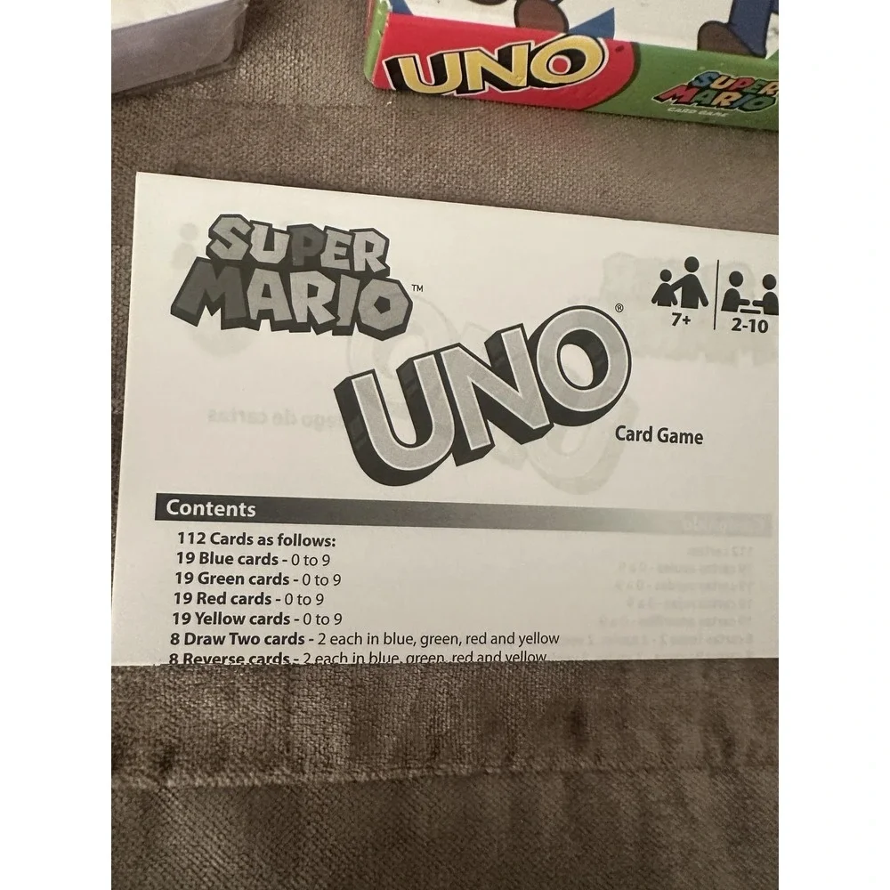 UNO Super Mario Card Game Mattel Nintendo 2016 Party Family Cards 112pcs 7+ 2-10